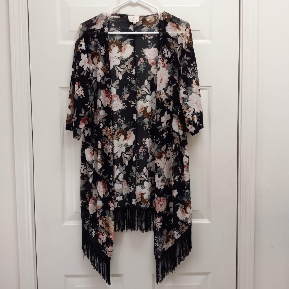 Floral Open Front Cardigan Top Kimono Black Large Fringe Boho Coverup Festival